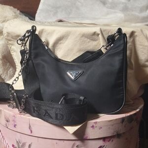Prada Black Nylon Shoulder Bag with Silver Chain